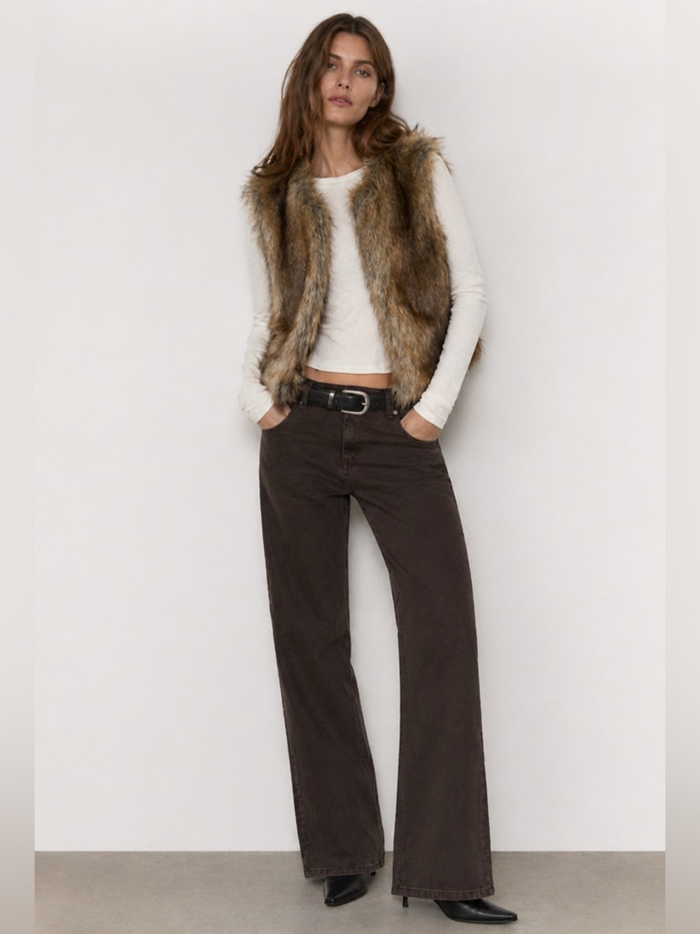 Zara Trafaluc Faux Fur Vest Brown Striped Size S